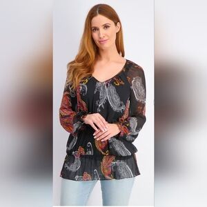 Sunny Leigh Paisley Bohemian Sheer Black Blouse Long-sleeved Size Medium